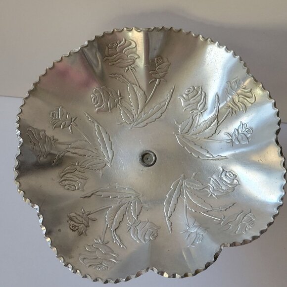 Handcrafted Aluminum Pedestal Dish With Rose Design & Scalloped Edge - Picture 4 of 7